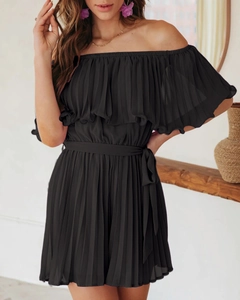 Detail showing pleated black off-shoulder playsuit with a matching waist tie belt