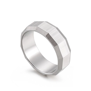Men's 8mm brushed stainless steel ring with geometric faceted edges in silver finish