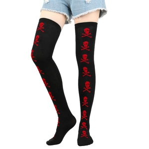 Detail of black over-the-knee socks with red skull print for Halloween outfits