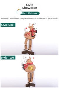 Detail of wooden Christmas reindeer pendants with scarves and star or heart motifs