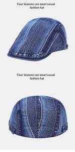 Dettaglio della coppola in denim a righe blu e bianche con fibbia in metallo