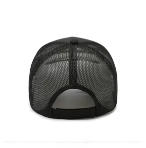 Rear view of black mesh baseball cap showing breathable fabric and adjustable strap