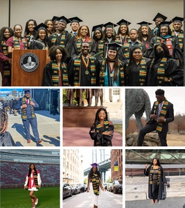 Detailed collage of graduates wearing Kente style satin stoles with Class of 2022 print