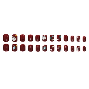 Burgundy press-on toenails with sparkling heart and star rhinestones for women