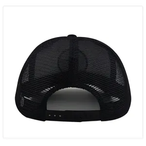 Rear view of black mesh trucker hat featuring breathable honeycomb fabric and snapback closure