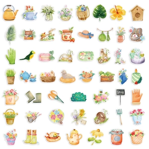 Detailed view of watercolor spring garden stickers featuring floral baskets and tools