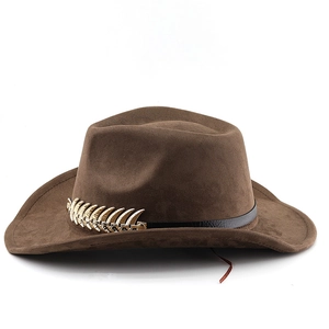 Detailed view of fishbone metal ornament and leather band on brown wool fedora hat