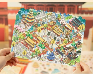 Close-up of Beijing landmarks stickers featuring Temple of Heaven and cute cartoon animals