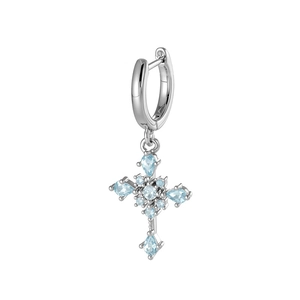 Silver hoop earrings with sparkling light blue stone cross pendant for women