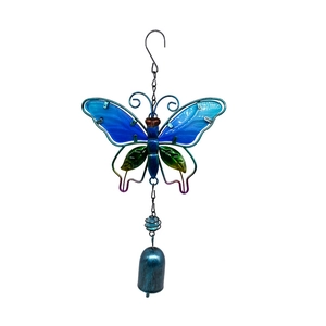 Close-up of blue glass butterfly wind chime with metal tubes and decorative bells