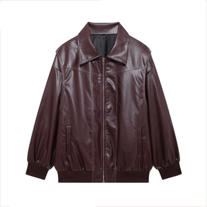 Women PU Leather Motorcycle Jacket Contrast Stitching Lapel Zipper Casual Streetwear Faux Leather Biker Coat Outerwear