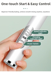 Close-up of cordless electric mixer with three-speed indicator lights and power button