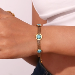 18K gold plated mesh chain bracelet for women featuring round turquoise stones and Roman numerals