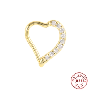 Golden S925 sterling silver heart-shaped piercing hoop with cubic zirconia stones
