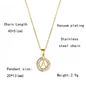 Detail of 18K gold stainless steel necklace with round letter A pendant and measurements