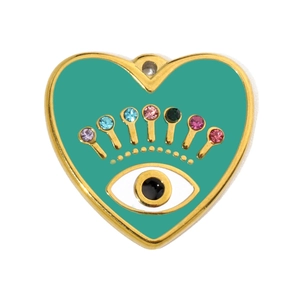 Gros plan du pendentif coeur vert avec détail d'œil et strass colorés brillants