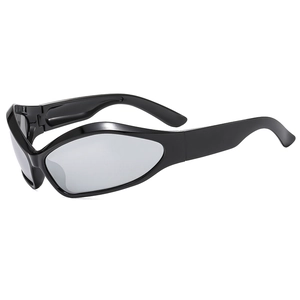 Retro wide-leg sunglasses with black wraparound frame and silver lenses in Y2K style