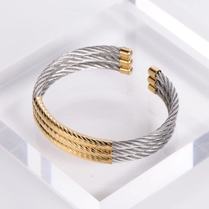 Three-layer steel cable open cuff bracelet for men in silver and gold tone finish