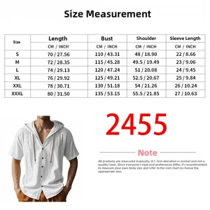 Detailed size chart in CM and INCH for the hooded short sleeve linen shirt for men