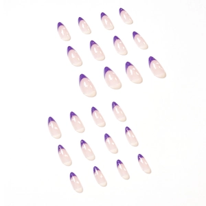 French almond fake nails with purple glitter tips and natural nude base polish