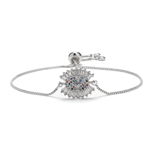 Adjustable silver fan-shaped bracelet with colorful zircon stones and box chain