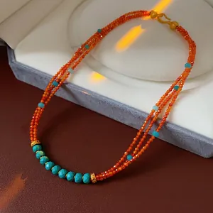 Multi Layer Beaded Necklace Vintage Bohemian Orange Blue Glass Stone Beads Copper Ethnic Style Clavicle Chain Women Jewelry