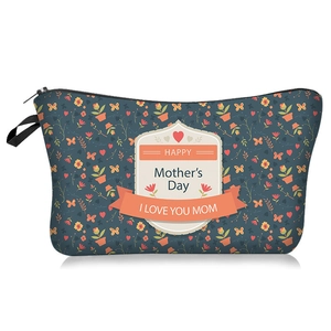 Detail view of floral Mother's Day cosmetics bag with zipper and carry strap