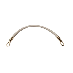 Beige leather replacement handbag strap with gold swivel hooks on white background