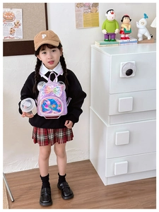 Detail showing shiny purple sequin bow and transparent bear ears on girls' backpack