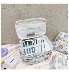 Detail view of floral quilted makeup bag with interior brush slots and mesh pockets