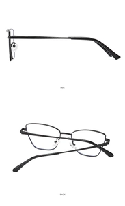 Side and back views of lightweight black metal glasses frames with thin temple detail