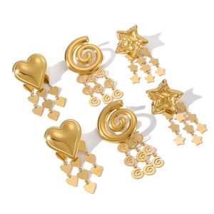 Retro multi-layer tassel drop earrings in 18K gold plated steel with heart and star charms
