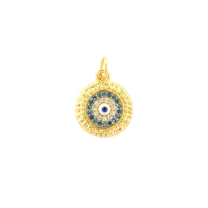 Detail view of gold-plated evil eye pendant featuring blue enamel and cubic zirconia