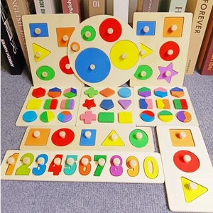 Montessori wooden puzzle set with geometric shapes and numbers for early childhood learning