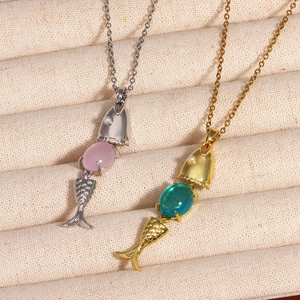 Fish Pendant Necklace Copper Swingable Fish Bone Movable Design With Colorful Gemstone Artificial Pearl Fashion Jewelry For Women