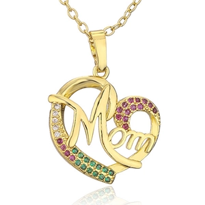 Macro view of golden heart pendant featuring Mom engraving and colorful rhinestones