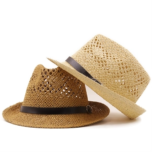 Chapeau fedora d'été en paille pour homme avec tissage ajouré et boucle en cuir