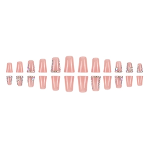 Pink jelly press-on nails set with glitter rhinestones and a bow ornament on white background