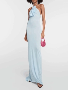 Elegantes hellblaues Neckholder-Maxikleid im Meerjungfrau-Stil mit 3D-Blumen am Ausschnitt