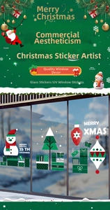 Detailed UV window stickers showing Santa, snowman, and geometric Christmas trees on glass