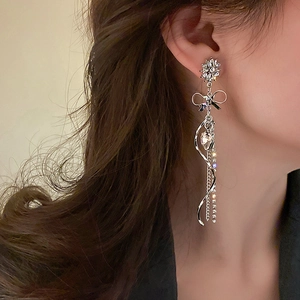 Sparkling silver long tassel earrings with diamond heart flower and bow knot design