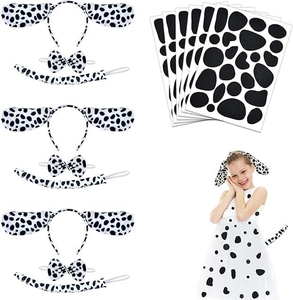Dalmatian costume set with plush ears headbands, bowties, tails and spot stickers for kids