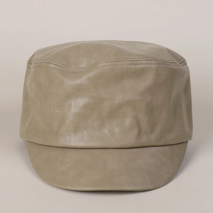 Detailed close-up of retro olive green PU leather military cap showing fine stitching quality