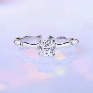 Detailed close-up of S925 sterling silver ring featuring bamboo texture and cushion-cut stone