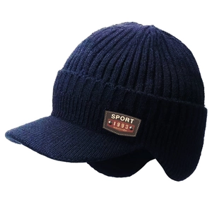 Winter knit visor hat with ear flaps and Sport 1993 leather patch in navy blue