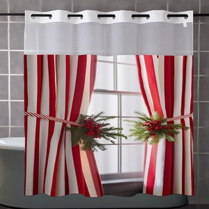 Detail of red and white striped shower curtain with festive pine and berry tiebacks