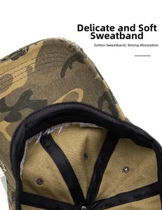 Macro view of cotton sweatband and distressed brim detail on camouflage baseball cap
