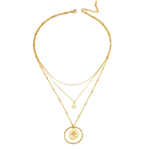 Three-layer 14K gold-plated stainless steel necklace with star and hammered round pendants