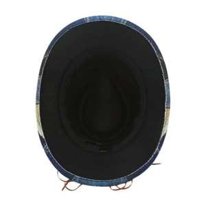 Inside view of denim jazz hat featuring blue patchwork brim and black fabric lining