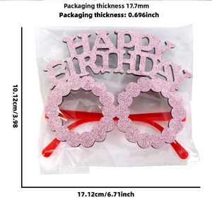 Detailed size view of pink glitter Happy Birthday party glasses showing frame dimensions